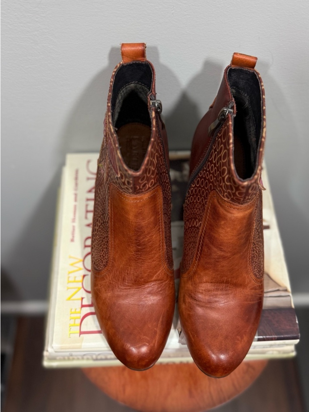 Women's Cognac Leather Ankle Booties with Decorative Cutouts - Picture 6 of 16